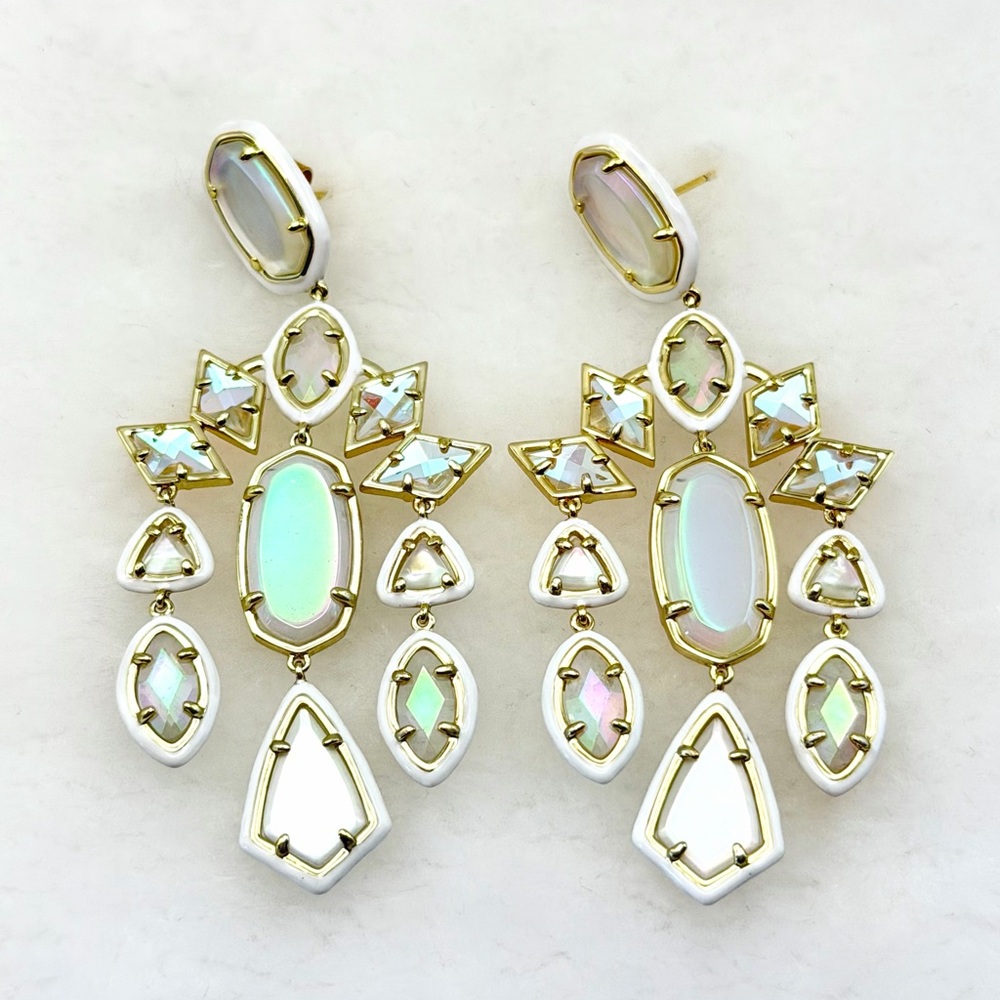 Kendra Scott Luxury Greta Gold Tone Ivory Iridescent Chandelier Earrings $198 - Picture 6 of 16
